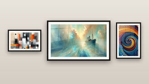 Mur de galerie avec trois tableaux encadrés : Spirale colorée multicolore, Au Cœur de la Brise et Mécanique des couleurs