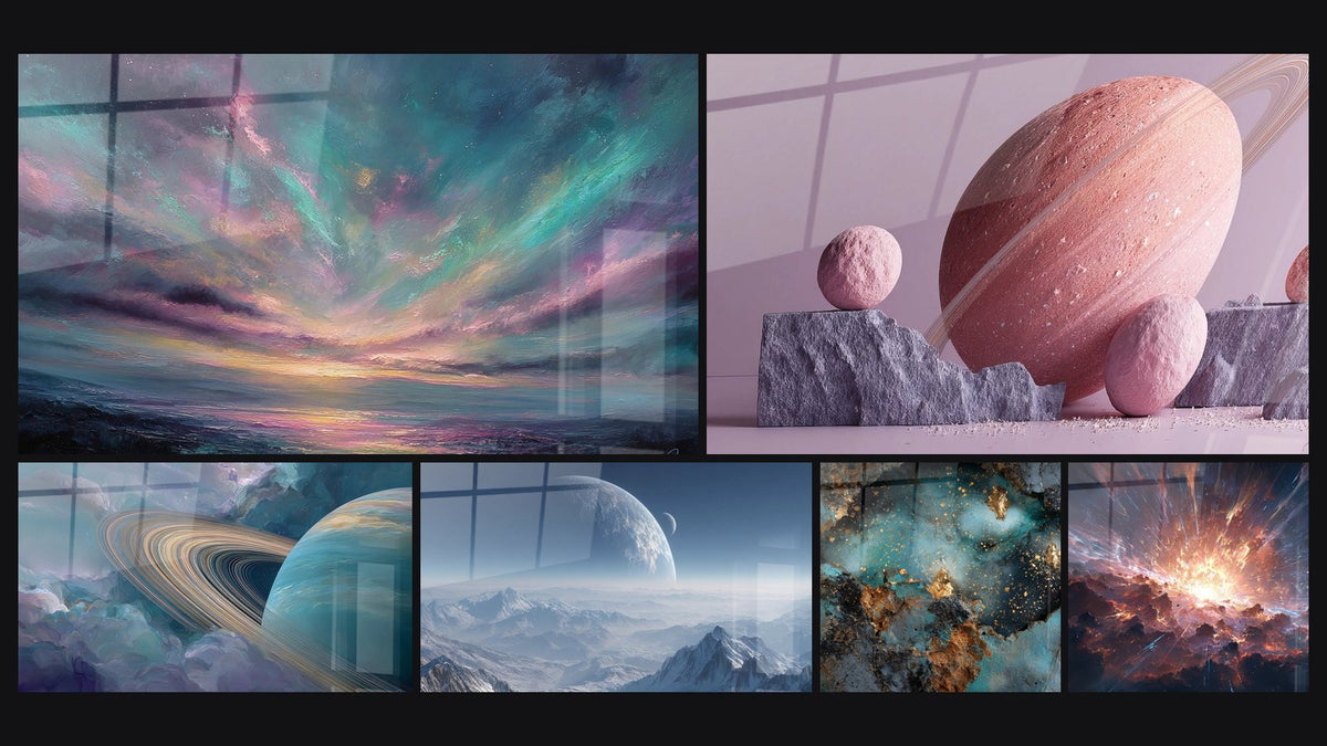 Mosaic of six paintings, including Northern Lights Nocturnal, Saturn Planet and Pink Planet with Rings