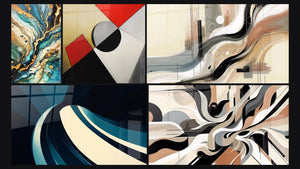 Mosaic of five paintings, including Mineral Labyrinth, Colorful geometric shapes and Modern Spiral Wave
