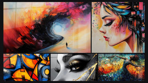 Mosaïque de cinq tableaux, dont Spirale cosmique silhouette, Femme profil coloré et Formes géométriques colorées