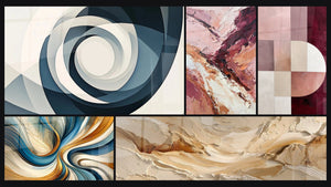Mozaïek van vijf schilderijen, waaronder Vortex Azuur en Elegante Spiralen