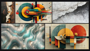 Mosaico de cinco cuadros, entre ellos Ondas Centelleantes, Geométrico Energía Céntrica y Geométrico Revolución Circular