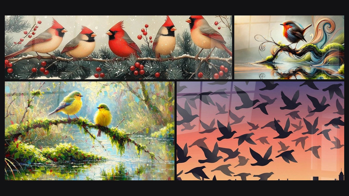 Mosaic of four paintings, including Ruby Cardinal Wall Art of Conifers, Whispers of the Wind and Morning Song