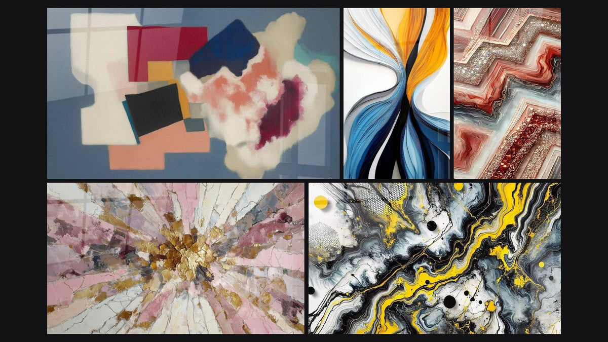 Mosaïque de cinq tableaux, dont Formes géométriques poésie carrée, Impact Noir et Flux dynamiques colorés