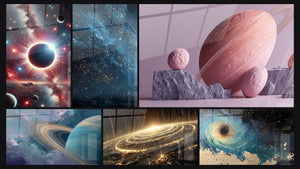 Mosaico de seis cuadros, entre ellos Planeta saturno, Nebulosa océano cósmico y Galaxia espiral cósmica