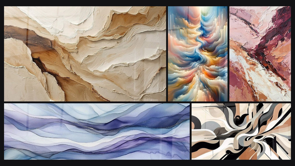 Mosaik aus fünf Gemälden, darunter Abstraktes Bild Beige und Erde und Resonanz der himmlischen Töne