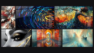 Mosaico de seis cuadros, entre ellos Ruido Dinámico Explosivo, Túnel colorido digital y Ojo Lágrima de Oro
