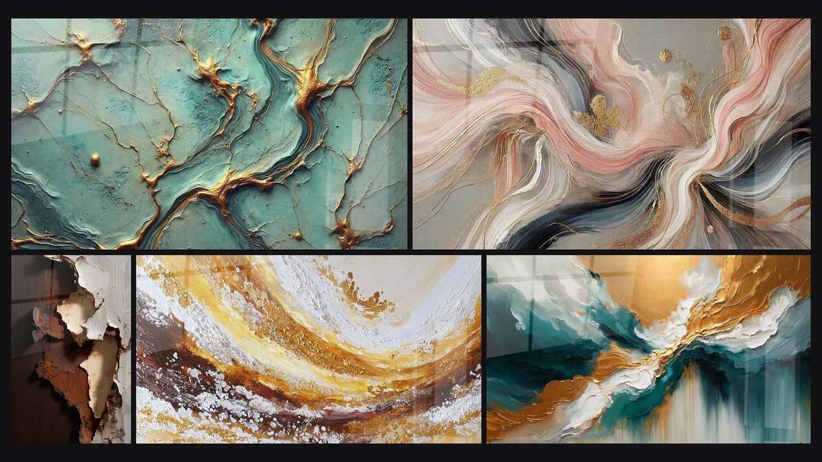 Mosaic of five paintings, including Golden Rivers, Silk Flows and Abyss Light Abstract