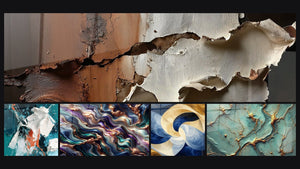 Mosaico de cinco cuadros, entre ellos Blanco Brillante y Sarcelle en Relieve, Serenata Mineral y Aliento Divino Blanco