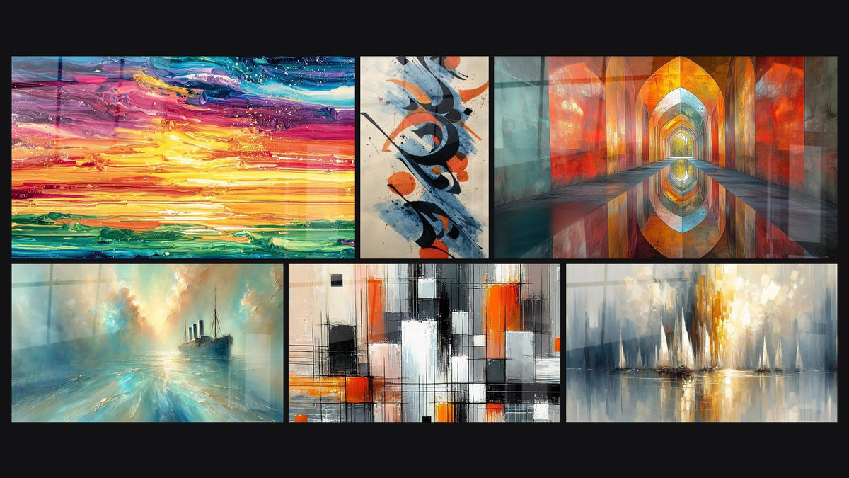 Mosaïque de six tableaux, dont Paysage maritime, Composition abstraite et Voûtes Chatoyantes Vermillon