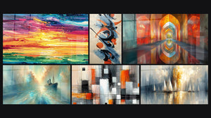 Mosaico de seis cuadros, entre ellos Paisaje marino, Composición abstracta y Arcos Brillantes Color Bermellón