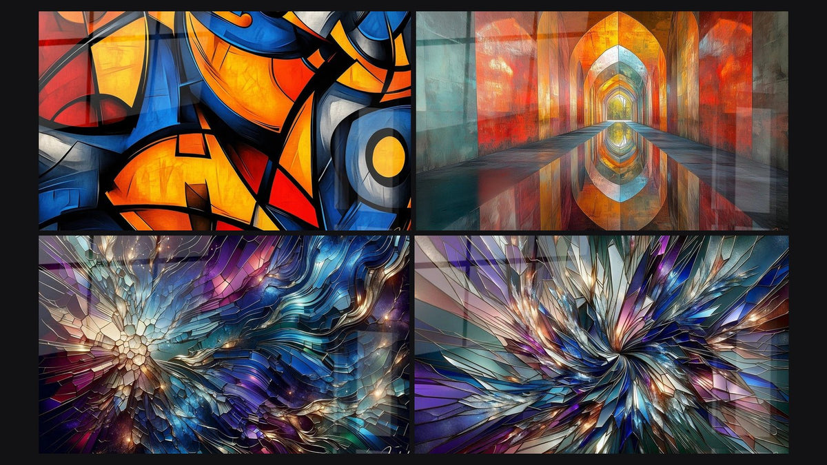 Mosaik aus vier Gemälden, darunter Geometrische Formen Bild farbig, Gewölbe Schillernde Zinnober und Radiance Fraktal