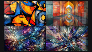 Mosaico de cuatro cuadros, entre ellos Formas geométricas coloridas y Arcos Brillantes Color Bermellón