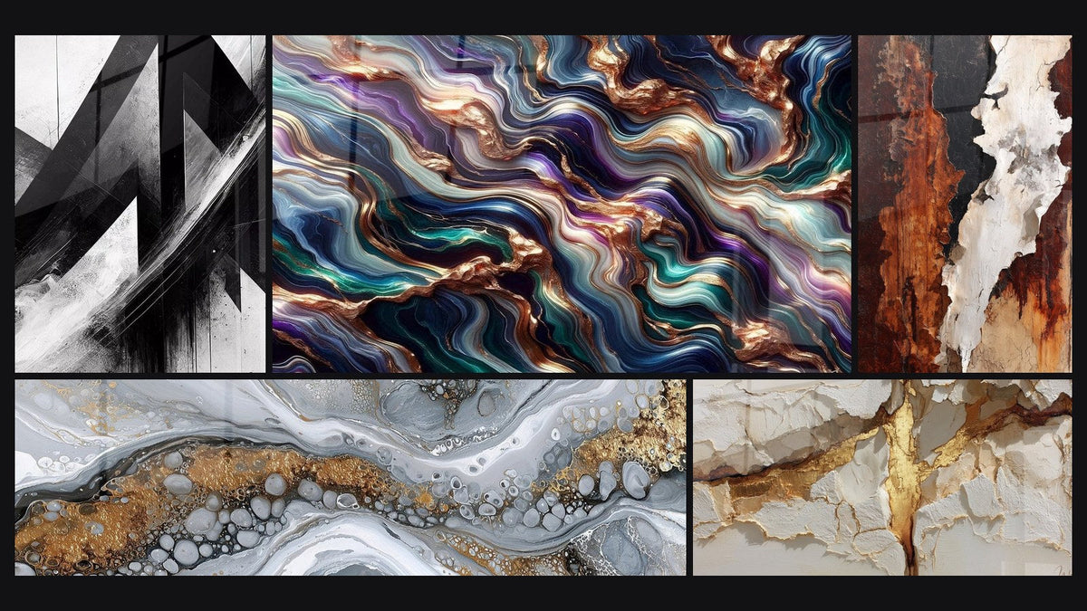 Mosaic of five paintings, including Fractured Trajectories and Serenade Mineral Abstract