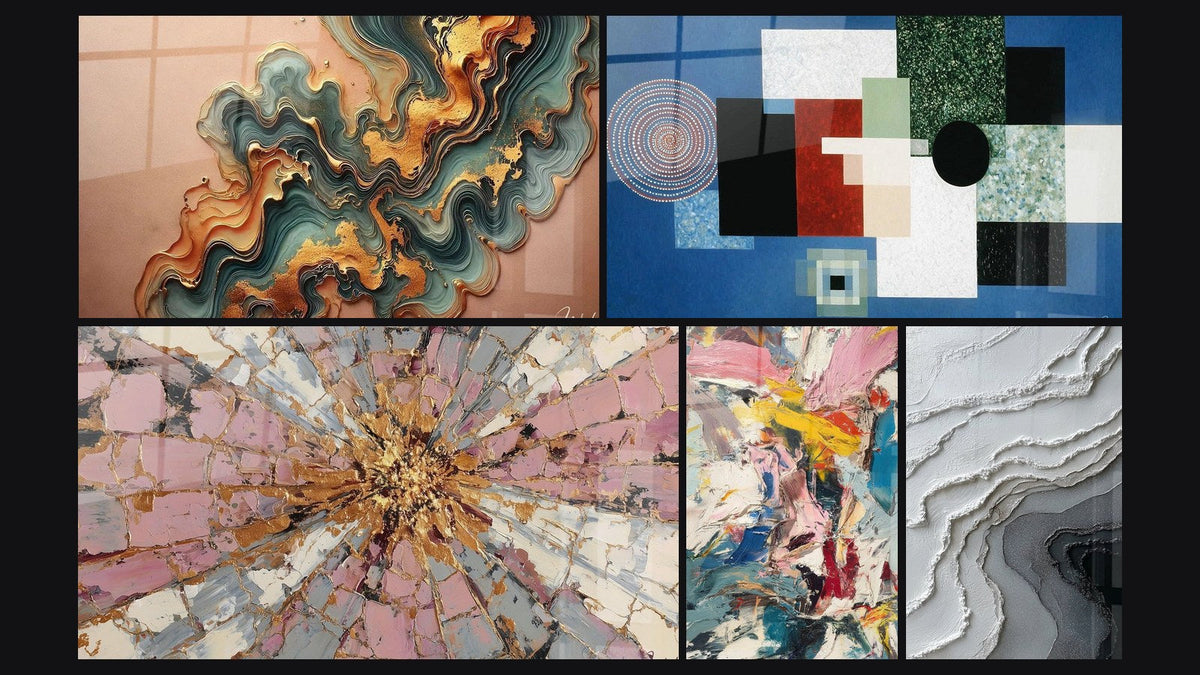Mosaico di cinque quadri, tra cui Onda Ramata e Composizione Geometrica Ordine Razionale