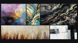 Mozaïek van vijf schilderijen, waaronder Abstracte gekleurde explosie, Mineraal Labyrint en Goudstroomtabel
