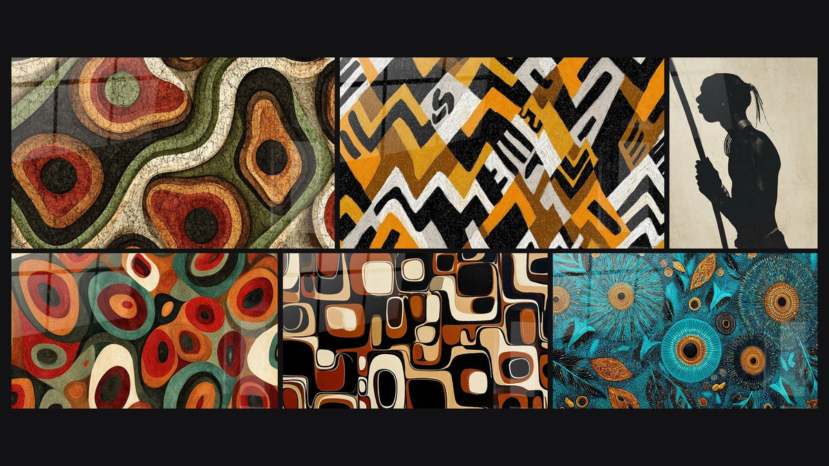 Mosaico de seis cuadros, entre ellos Motivos Orgánicos, Círculos Concéntricos y Formas Geométricas