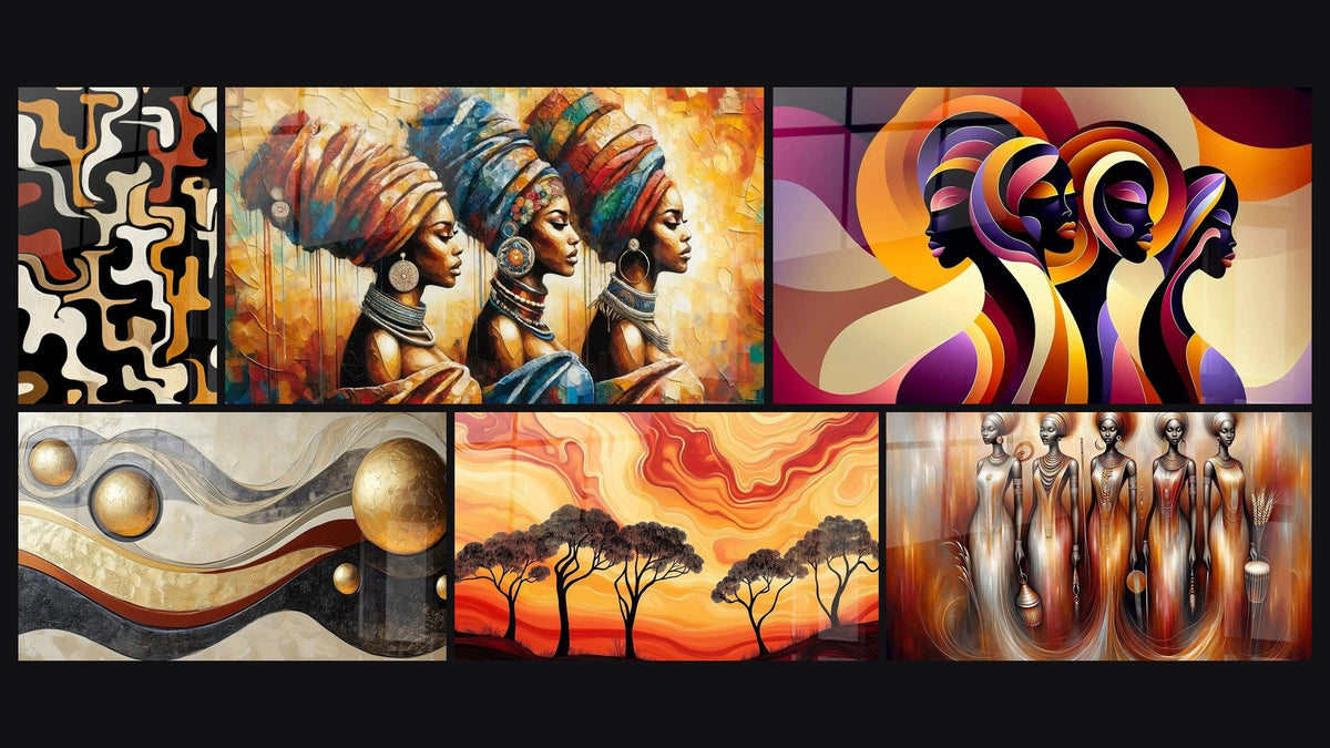 Mosaico di sei quadri, tra cui Forme Organiche di, Africano Viaggio Interiore e Terre Africane Sogni Nomadi