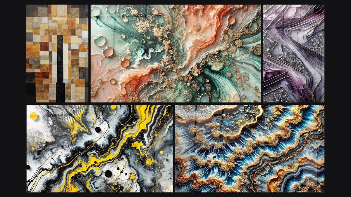 Mosaico de cinco cuadros, entre ellos Sueño Coralino, Impacto Negro y Lámparas de Cuarzo