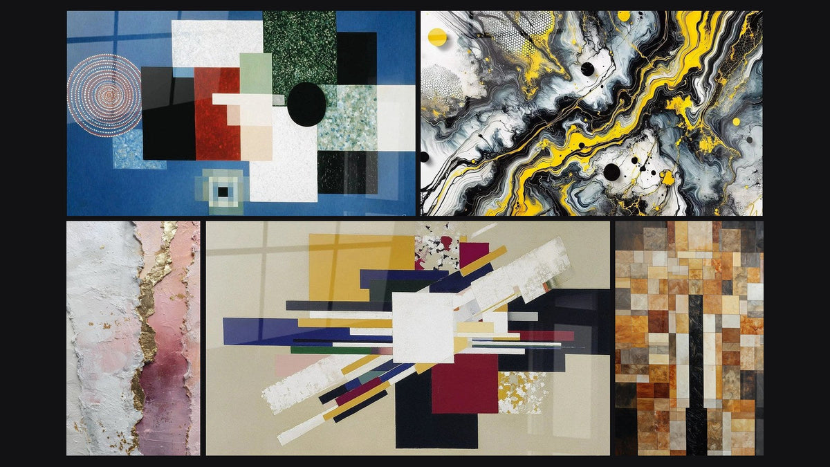 Mosaic of five paintings, including Black Impact