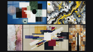 Mosaico de cinco cuadros, entre ellos Composición Geométrica Orden Racional y Impacto Negro