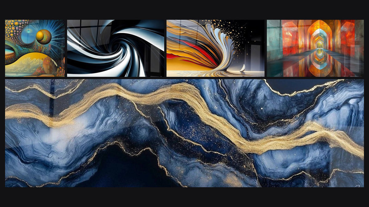 Mosaico di cinque quadri, tra cui Cosmo mistico di, A spirale dinamica nero e blu e Tourbillon dinamico dorato