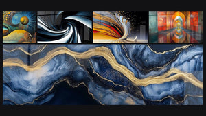 Mosaico de cinco cuadros, entre ellos Cosmos místico, Espiral dinámico negro y azul y Remolino dinámico dorado