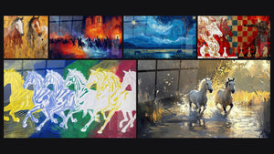 Mozaïek van zes schilderijen, waaronder Wilde Paarden, Onze-Lieve-Vrouwe Donderpaarden en Paarden Hypnotische Galop