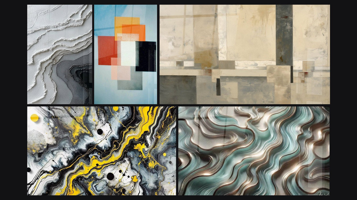 Mosaic of five paintings, including Geometric Shapes Functional Contrast and Beige and Gray Geometric Composition