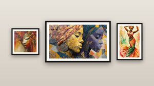 Galerijwand met drie ingelijste schilderijen, waaronder Twee Afrikaanse vrouwen profiel en Gezicht Melodie van geesten