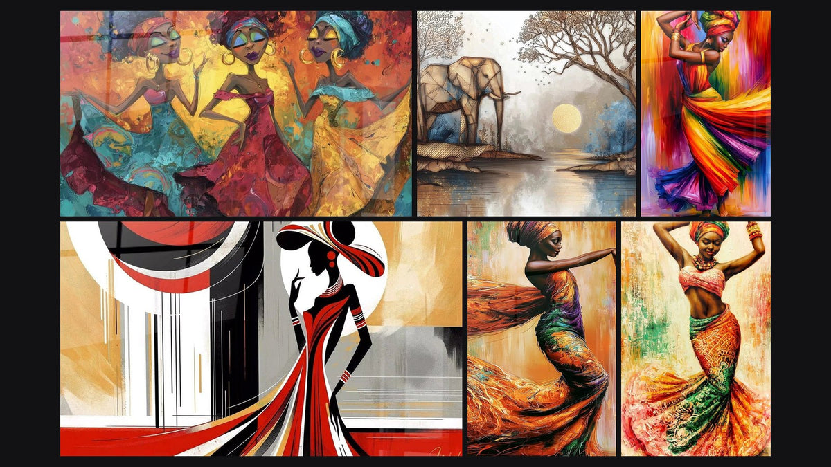 Mosaico di sei quadri, tra cui Con ballerine, gioielli dorati e Arte della Sofisticazione