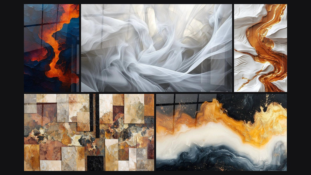 Mosaic of five paintings, including Blood of the Earth, Veils of Light and Eternal Golden Tide