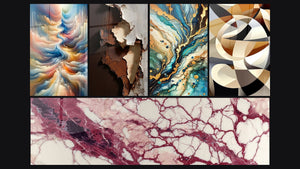 Mosaico de cinco cuadros, entre ellos Resonancia de Tonos Celestes, Laberinto Mineral y Formas circulares entrelazadas