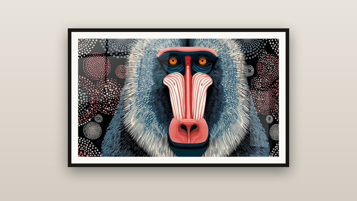 Framed painting on a wall: Colorful Mandrill