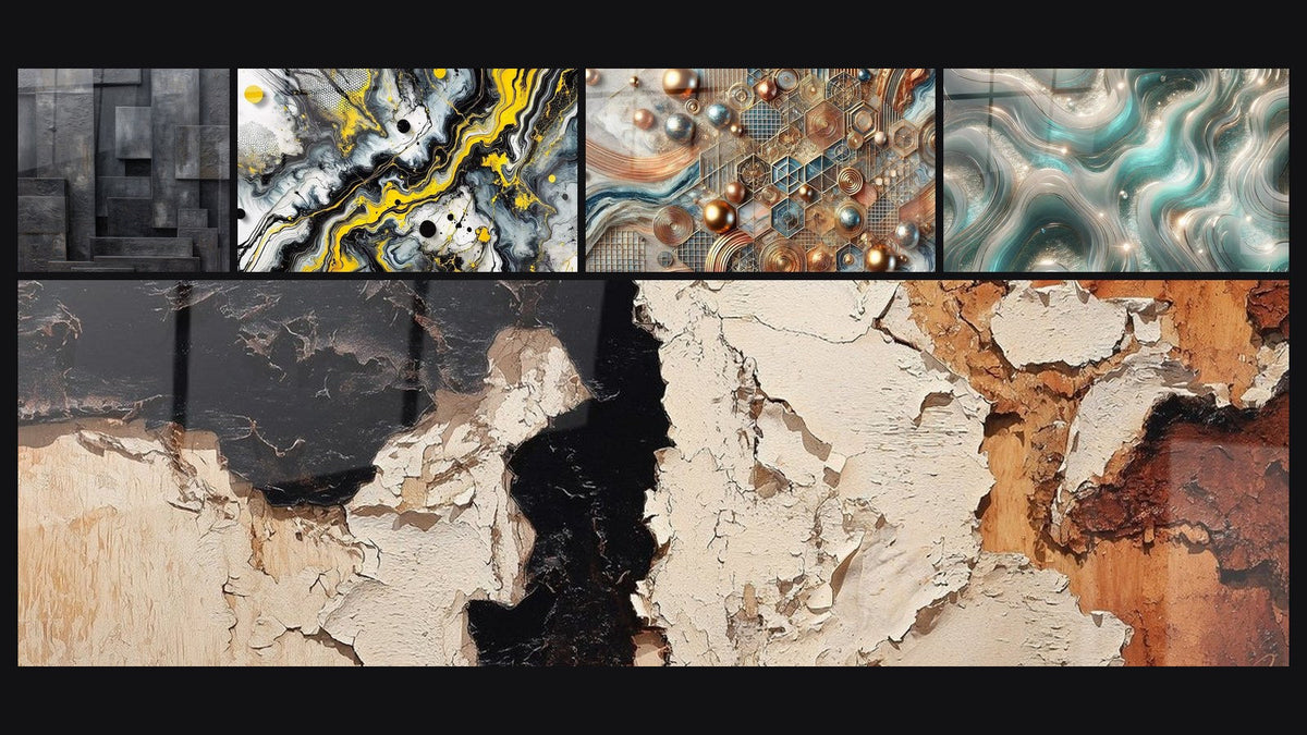 Mosaico di cinque quadri, tra cui Impatto Nero, Mosaico di Rame e Onde Scintillanti