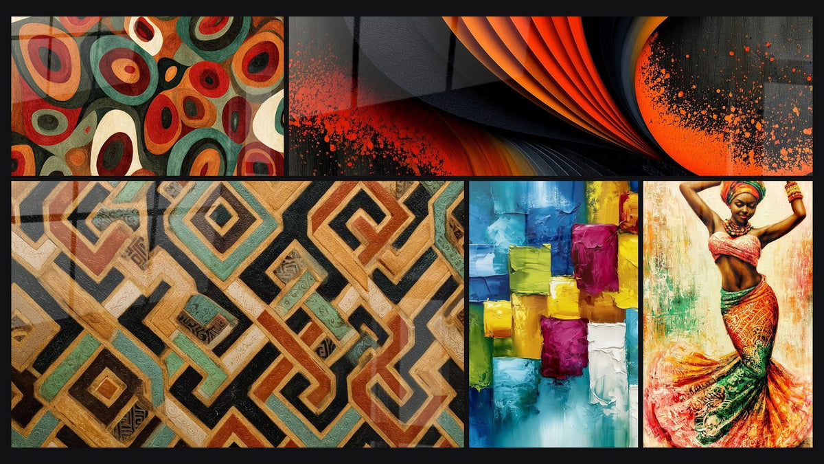 Mosaic of five paintings, including Concentric Circles, Geometric Patterns and Orange and Anthracite Ripple Wave