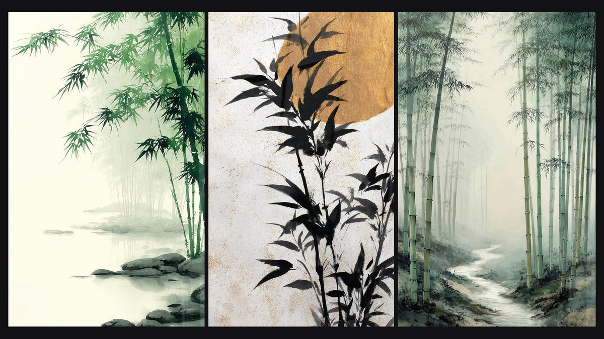 Mosaic of three paintings, including Black Rocks and Green at the Water's Edge and Bamboo Forest Green Sage and Misty Path
