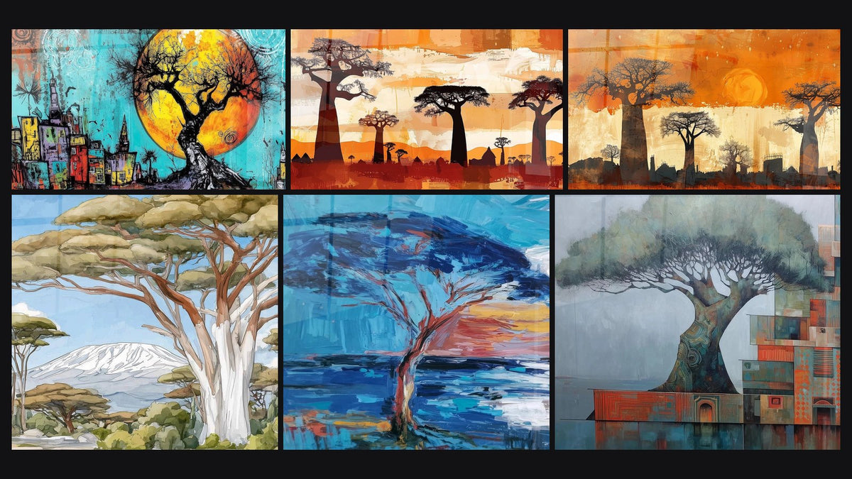 Mosaico di sei quadri, tra cui Baobab Portale verso l'astro d'oro e Baobab e Tramonto ai Toni Arancioni