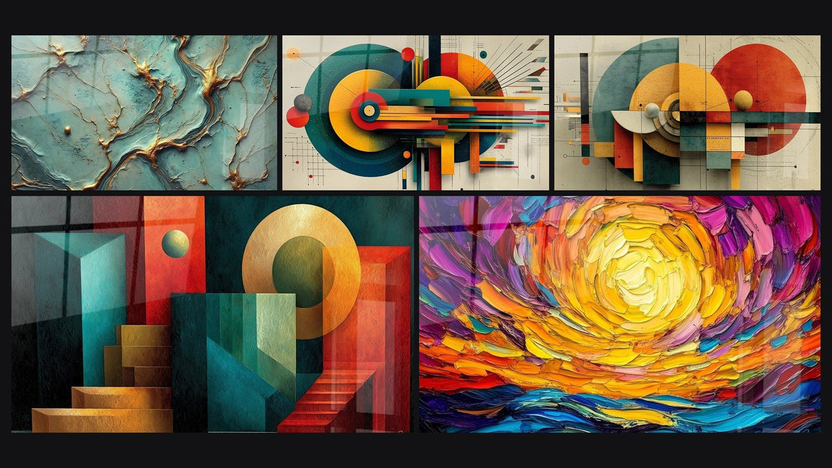 Mosaico de cinco cuadros, entre ellos Ríos de Oro, Geometría Abstracción Pura y Puesta de sol espiral