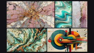 Mosaico de cinco cuadros, entre ellos Explosión Rosa y Oro con Centro Radiante y Mármol Misterioso
