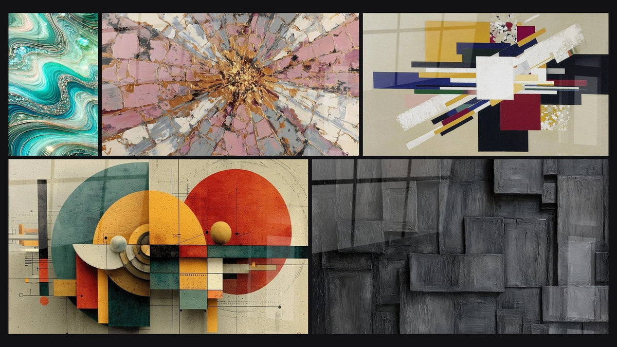 Mosaico de cinco cuadros, entre ellos Olas Cristalinas y Geométrico Revolución Circular