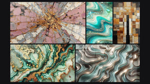 Mosaico de cinco cuadros, entre ellos Explosión Rosa y Oro con Centro Radiante, Mármol Misterioso y Olas Cristalinas