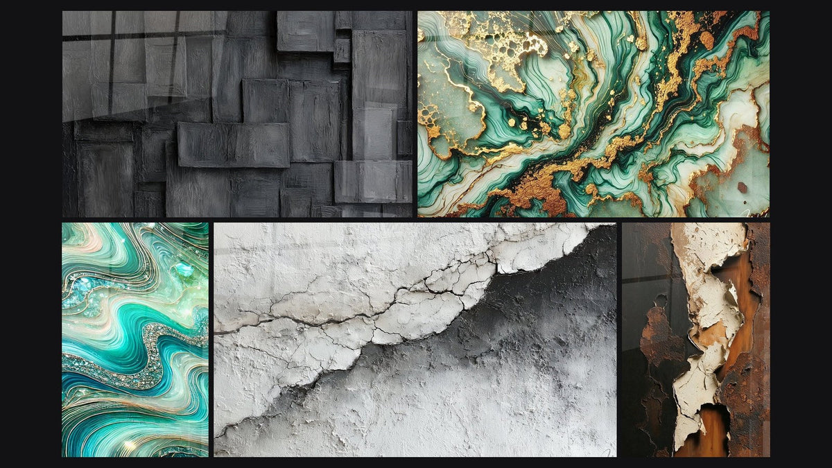 Mosaico de cinco cuadros, entre ellos Olas Cristalinas, Mármol Misterioso y Textura Mural Agrietada Blanco y Gris