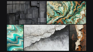 Mosaico de cinco cuadros, entre ellos Olas Cristalinas, Mármol Misterioso y Textura Mural Agrietada Blanco y Gris