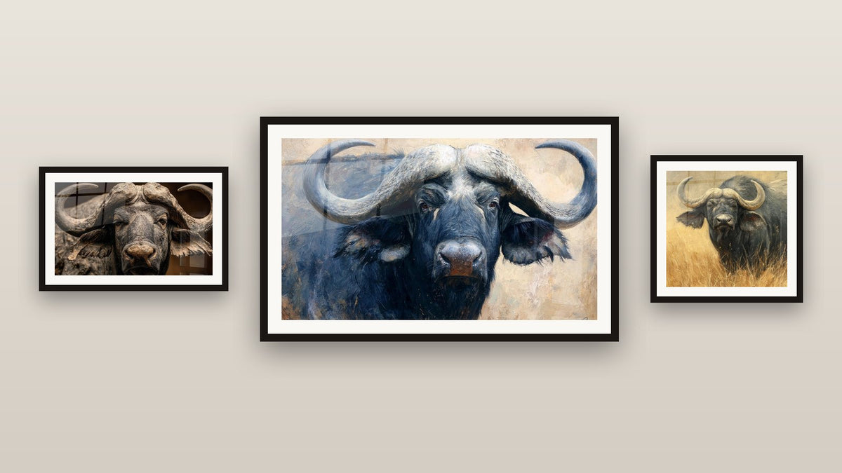 Gallery wall with three framed paintings, including African buffalo and Buffalo in High Grass
