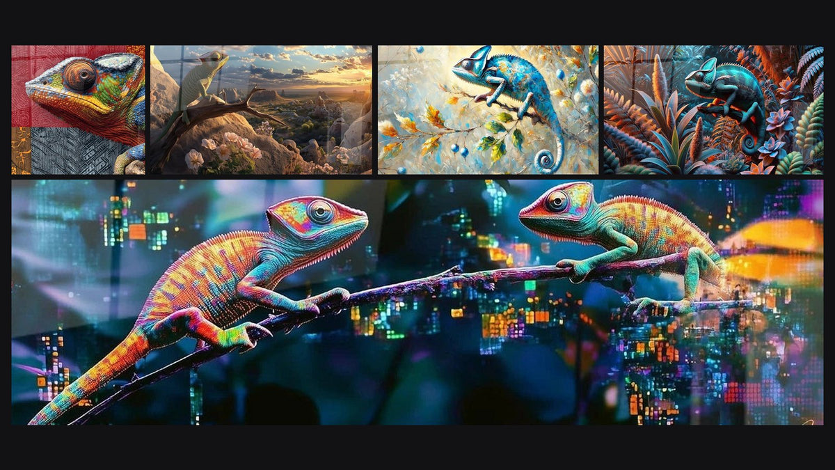 Mosaic of five paintings, including Iguana Dreamer of the Dawn, Camouflaged Blue and The Art of Discretion