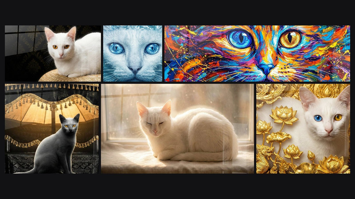 Mosaïque de six tableaux, dont Chat Blanc aux Yeux Dorés, Chat Oriental Luxueux et Chat Khao Manee Cristaux Glace