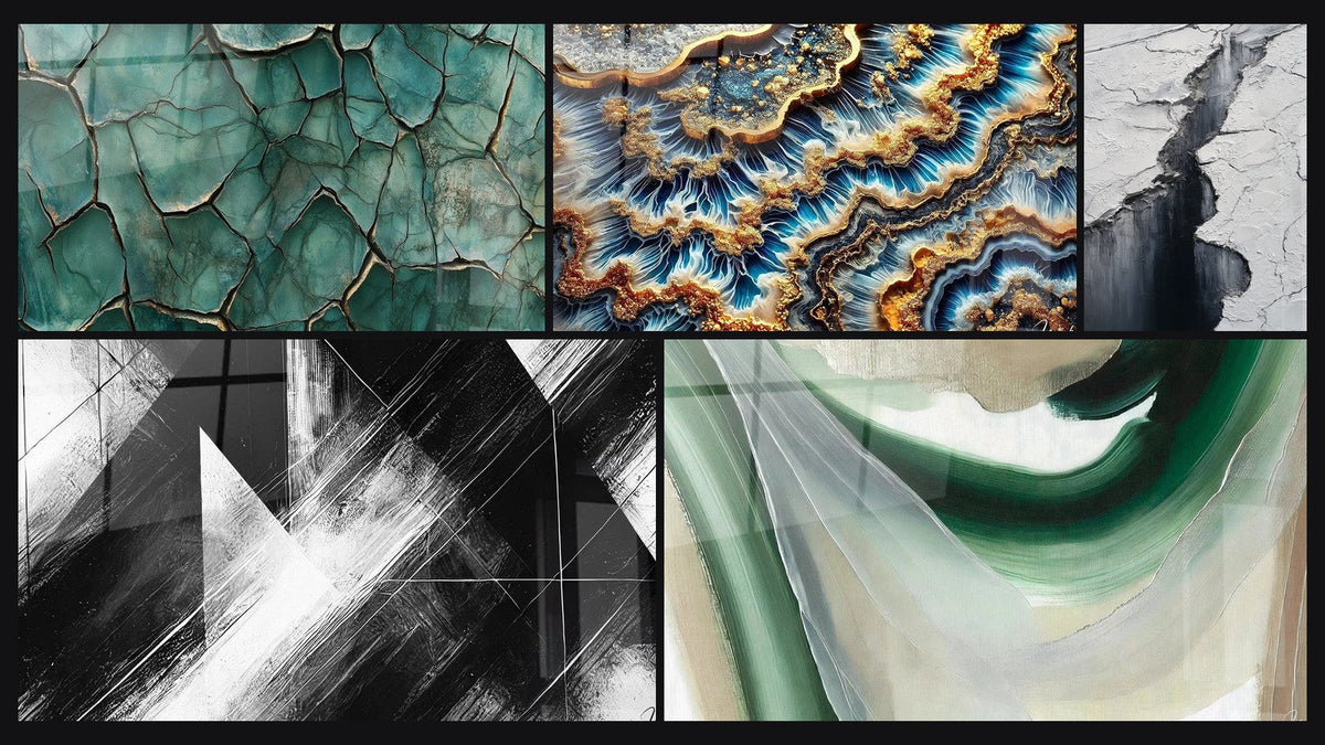 Mosaico de cinco cuadros, entre ellos Tierra Fracturada, Marea Dorada y Puntos de Convergencia