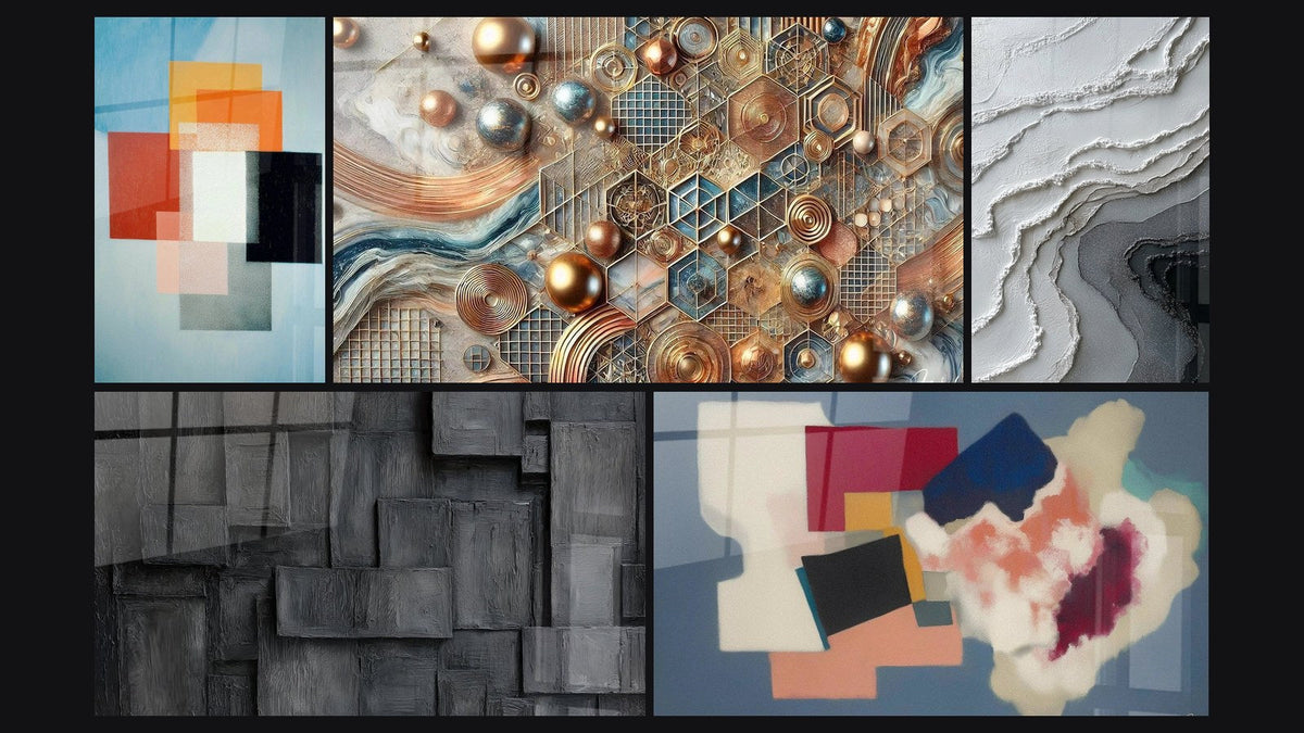 Mosaik aus fünf Gemälden, darunter Geometrische Formen Funktionaler Kontrast und Kupfer-Mosaik