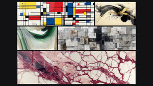 Mozaïek van vijf schilderijen, waaronder Tafel geometrische compositie, Smaragd Zijde en Gepassioneerd Elan